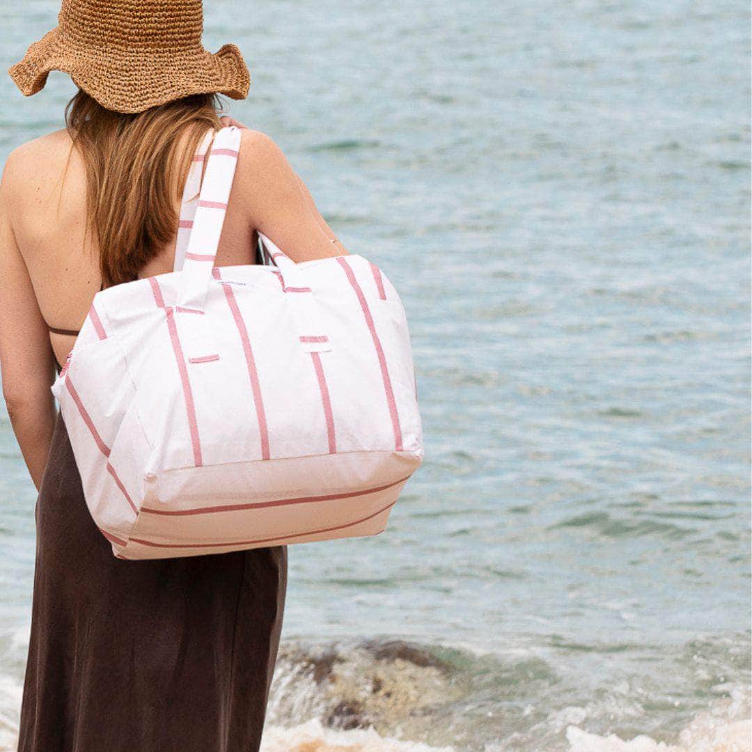 Bolsa MyBigBag Bolsa MyBigBag Blanca Raya Rosa Bolsa de playa grande y resistente | Impermeable y elegante