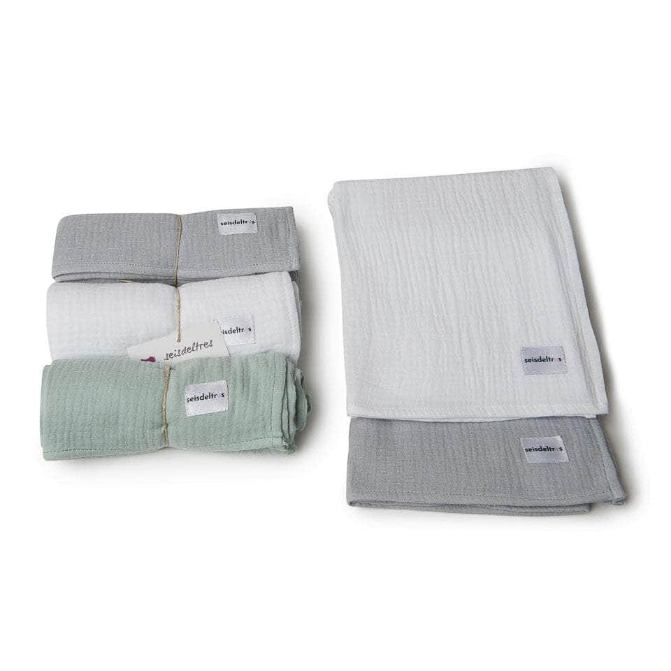Pack Trío muselinas (Gris-Blanco-Verde Empolvado)