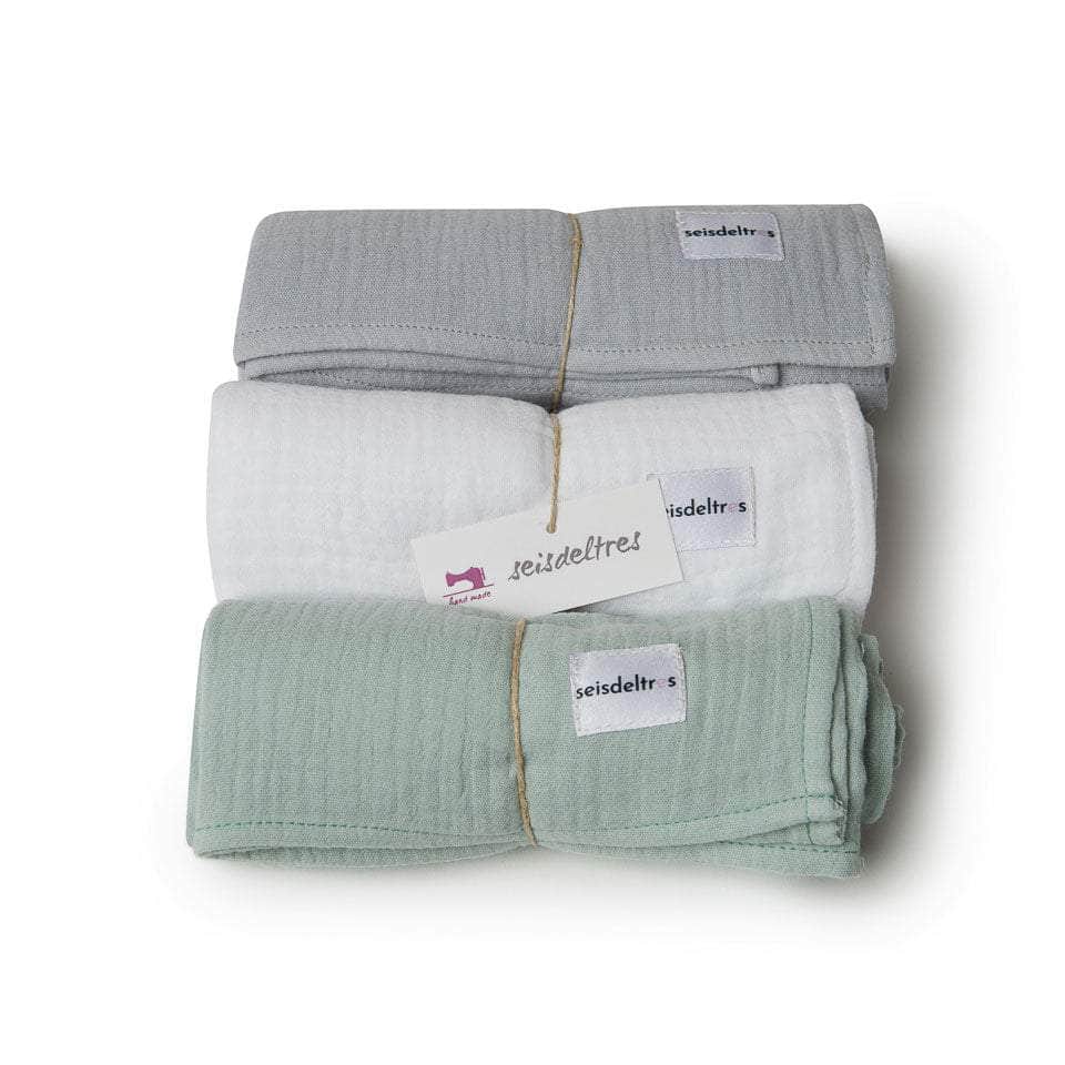 Pack Trío muselinas (Gris-Blanco-Verde Empolvado)