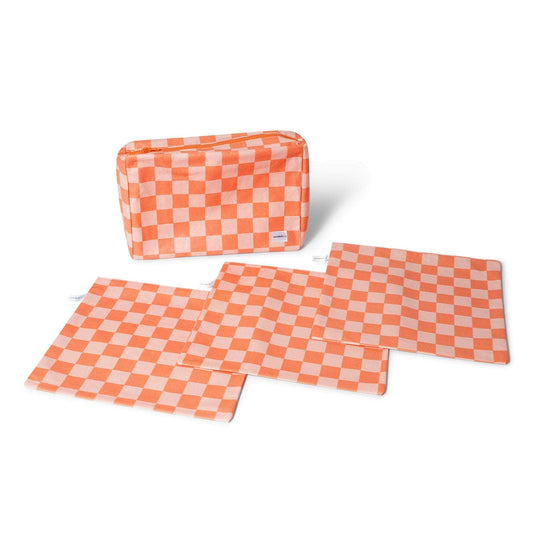 OUT - Pack Neceser y Trío de Fundas multiusos personalizadas - Damero Naranja