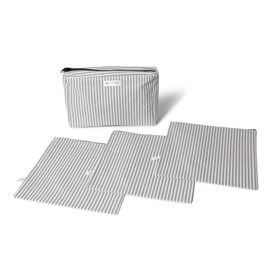 OUT - Pack Neceser y Trío de Fundas multiusos personalizadas - Rayas Gris y Blanco