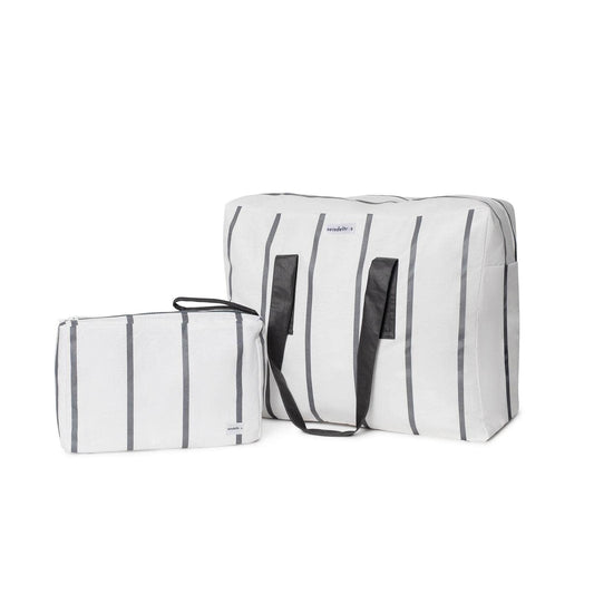Pack Bolsa MyBigBag y Neceser Blanco Raya Gris Pack Neceser Playa Seisdeltres – Resistente y Repelente al Agua