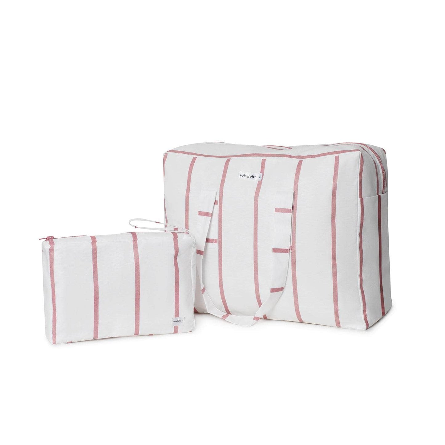 Pack Bolsa MyBigBag y Neceser Blanco Raya Rosa Burdeos Pack Neceser Playa Seisdeltres – Resistente y Repelente al Agua