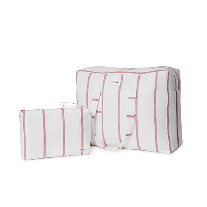 Pack Bolsa MyBigBag y Neceser Blanco Raya Rosa Burdeos Pack Neceser Playa Seisdeltres – Resistente y Repelente al Agua