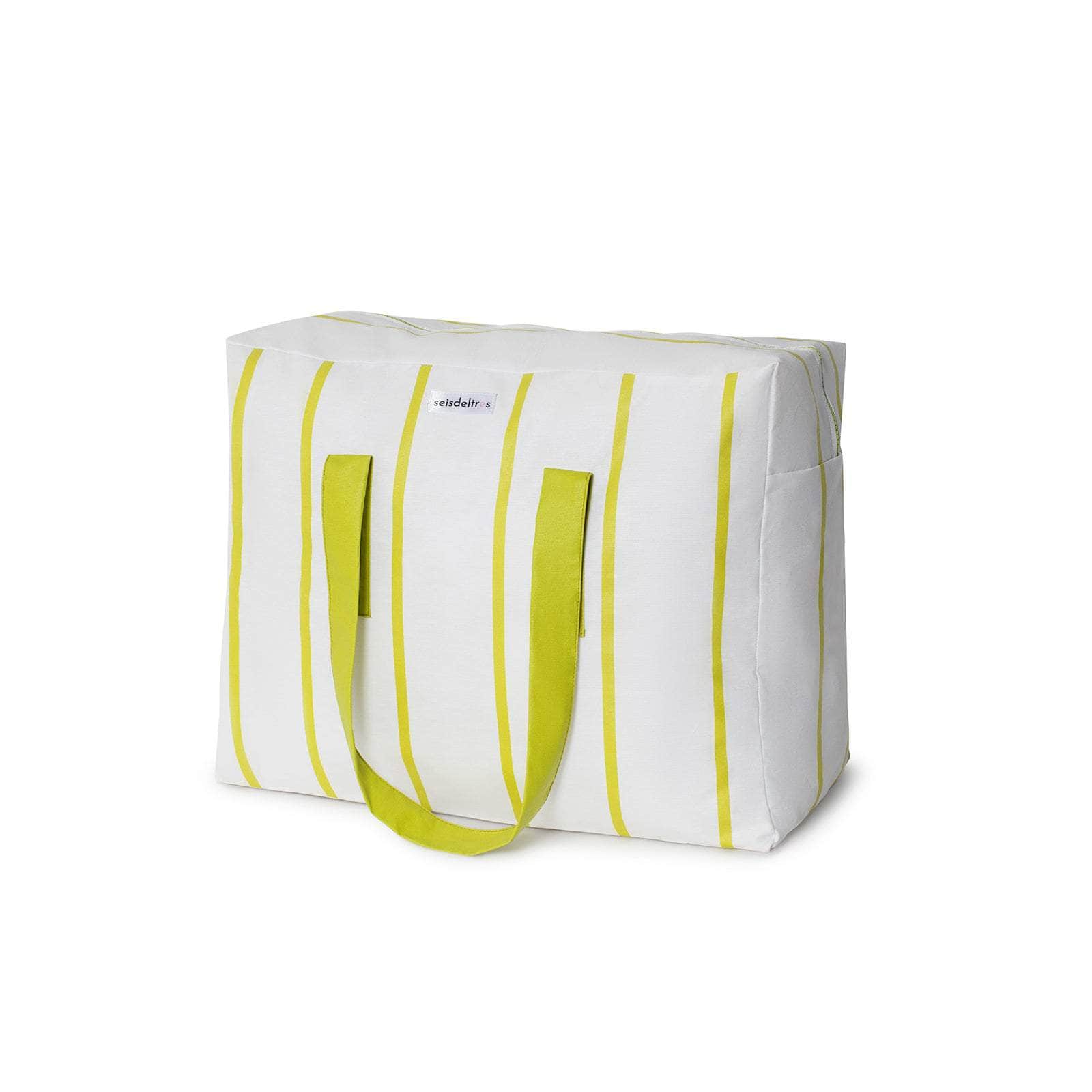 Pack Bolsa MyBigBag y Neceser Blanco Raya  Verde Lima Pack Neceser Playa Seisdeltres – Resistente y Repelente al Agua
