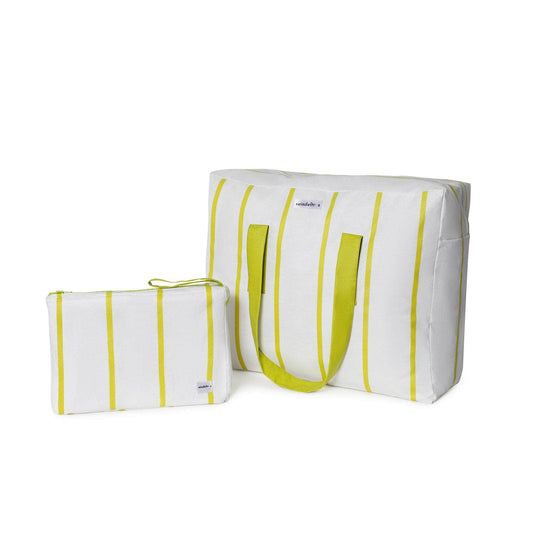 Pack Bolsa MyBigBag y Neceser Blanco Raya  Verde Lima Pack Neceser Playa Seisdeltres – Resistente y Repelente al Agua