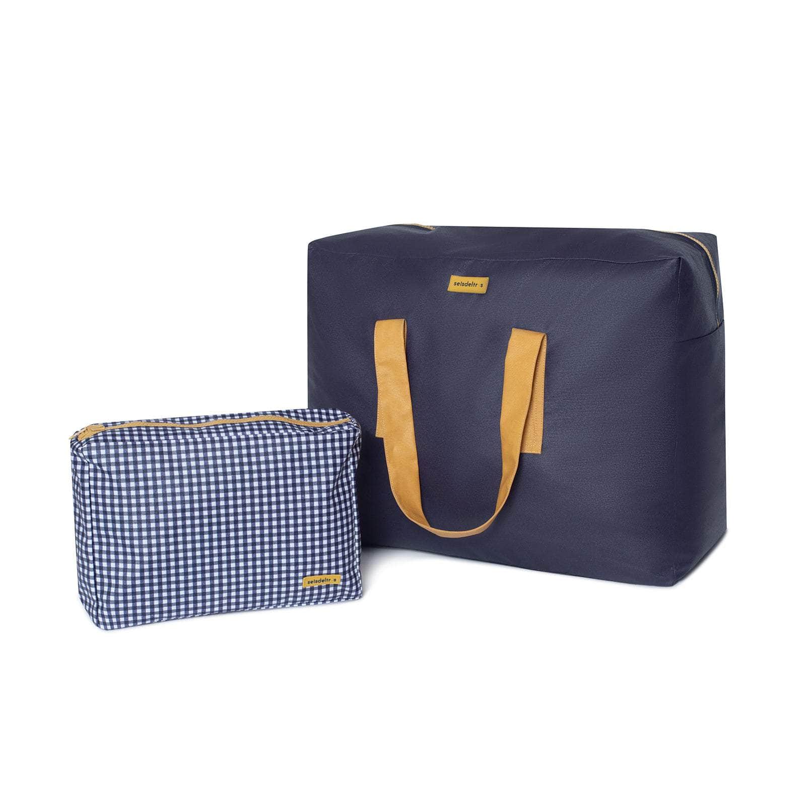 Pack Bolsa MyBigBag y Neceser Reversible - Azul Marino con asas mostaza Pack Bolsa MyBigBag y Neceser Reversible - Azul Marino con asas mostaza