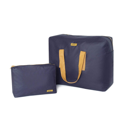 Pack Bolsa MyBigBag y Neceser Reversible - Azul Marino con asas mostaza Pack Bolsa MyBigBag y Neceser Reversible - Azul Marino con asas mostaza