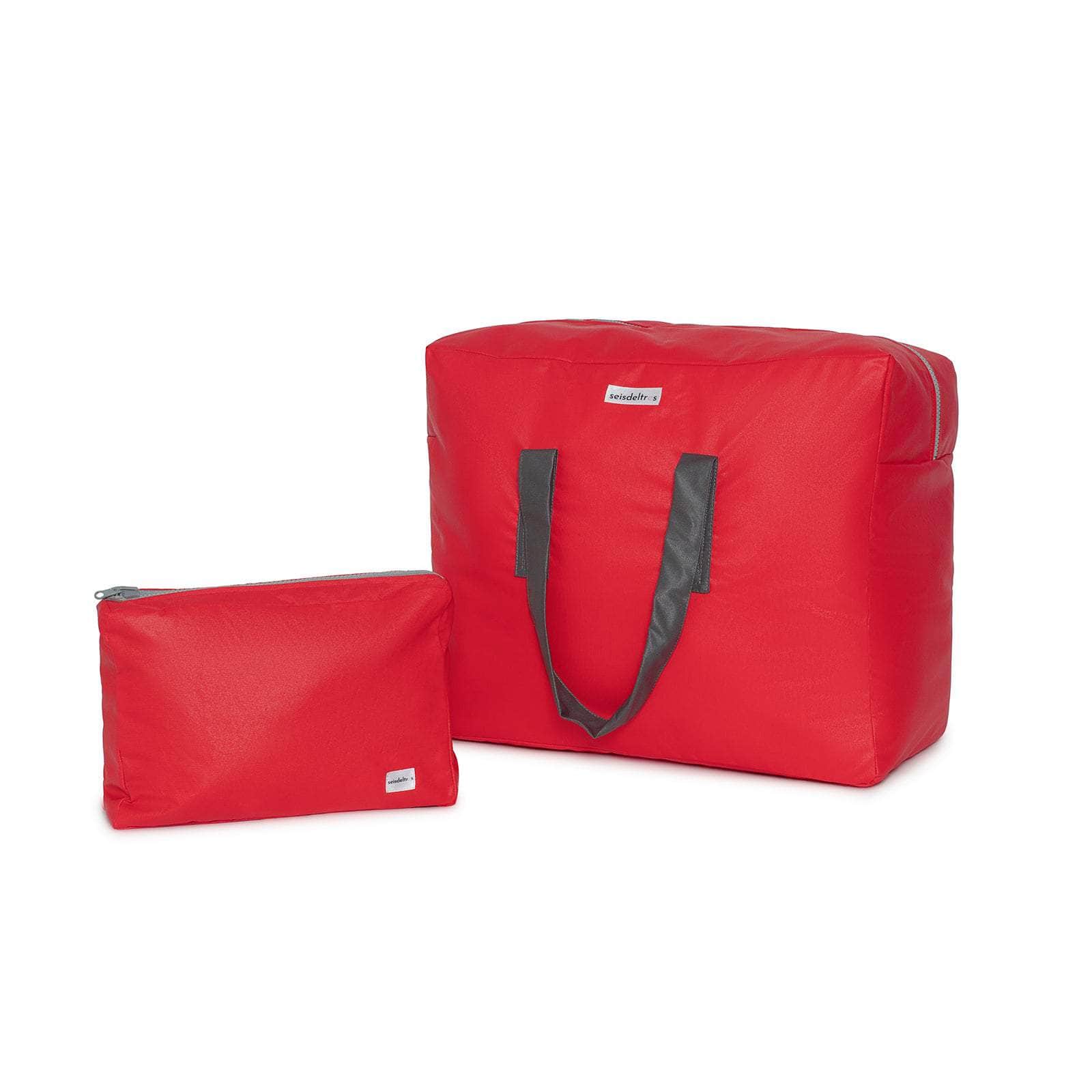 Pack Bolsa MyBigBag y Neceser Reversible -  Rojo con asas y cremallera gris marengo