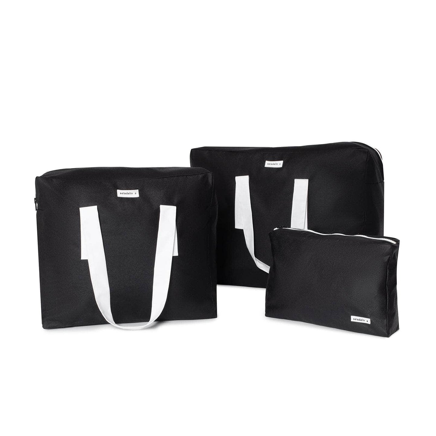 pack mybigbag Pack completo - bolsa XL, bolsa L y neceser reversible - Negra asas blancas Pack completo - bolsa XL, bolsa L y neceser reversible - Negra asas blancas
