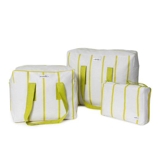pack mybigbag Pack completo - bolsa XL, bolsa M y Neceser Blanco Raya Verde Lima Pack Completo MyBigBag: Bolsa + Neceser | Perfecto para Viajes, Playa y Más