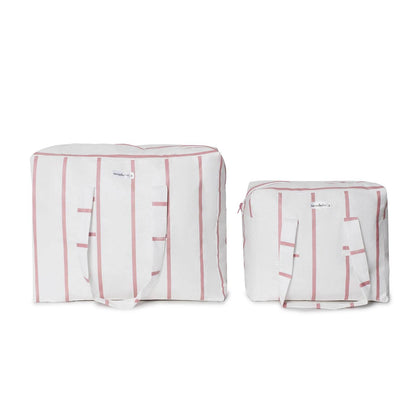 Pack Dúo - XL y M - Blanco Raya Rosa Burdeos Pack Dúo MyBigBag Playa | 2 Bolsas XL + M para Playa, Niños y Vacaciones