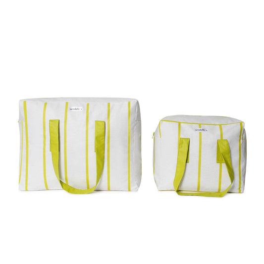 Pack Dúo - XL y M - Blanco Raya Verde Lima Pack Dúo MyBigBag Playa | 2 Bolsas XL + M para Playa, Niños y Vacaciones